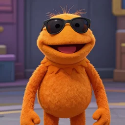 bip bippadotta in team fortress 2, orange fuzzy muppet, screenshot, wearing sunglasses