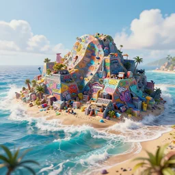 a cinematic shot of a plastic beach island waves caustics cumulo volumetric dynamic fluid simulation lighting impressive colorful masterpiece graffiti hyper perspective textured detailed intricate sharp focus 8 k octane render nvidia raytracing demo realistic illustration canon eos r 3 fujifilm x - t 3 0 sony alpha, by james gurney tooth wu artgerm