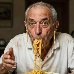 extremely detailed portrait of old italian cook, lazy eyes, slurping spaghetti, spaghetti out of nose, spaghetti out of ears, spaghetti in mouth, dirty short sleeved shirt, full frame, award winning photo by letizia battaglia