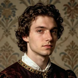 close - up portrait of renaissance dressed young man, background with wallpaper, photograph by peter lindbergh