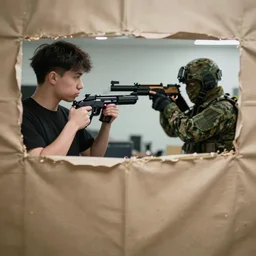 esports youtuber fighting military soldier behind cover