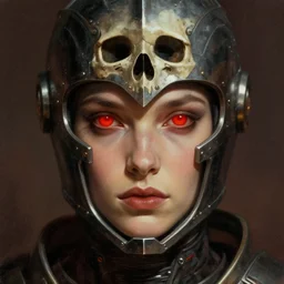 dystopia futuristic knight with red glowing eyes as an eldritch realistic fantasy character, closeup portrait art by donato giancola and greg rutkowski, vintage retro, realistic face, digital art, trending on artstation, eldritch skull helmet, symmetry!!