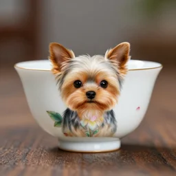 a tiny yorkie tea cup in a old beautiful tea cup designed in china with flower on it