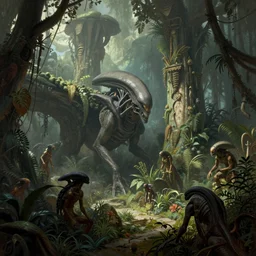 asimov alien deep ancient jungle fantasy ruins flora fauna by syd mead, frank frazetta, ken kelly, simon bisley, richard corben, william - adolphe bouguereau
