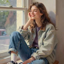 A ultradetailed beautiful panting of a stylish woman sitting next to a window, she is wearing streetwear, bright sunny day, Oil painting, by Ilya Kuvshinov, Greg Rutkowski and Makoto Shinkai