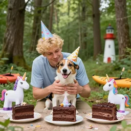 one blond guy and a dog with birthday hats, celebrating a birthday party in a forest, with chocolate cakes slices, unicorns and kayaks, with a lighthouse in the background