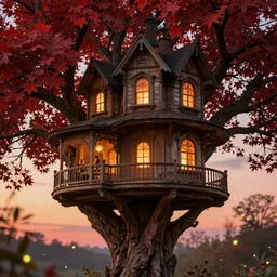 a stunnng victorian tree house, ultra detailed, warm interior light, sunset light, red leaves tree, octane render, high definition, fine details, fairy mood, fireflies, 8 k