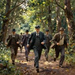 Peaky Blinders gang, criminals, dramatic, running in the woods, summer, oil painting by Greg Rutkowski