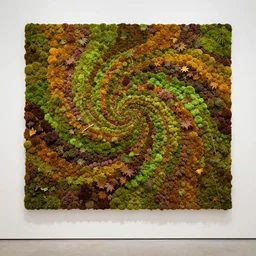 living moss wall with autumn colors and swirling pattern, hierarchy, proportion, poetry, museum wall installation