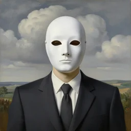 portrait of a faceless white masked - head man in a suit, clouds and nature landscape in the background, by rene magritte, detailed painting, distance, centered, hd, hq, high resolution, high detail, 4 k, 8 k
