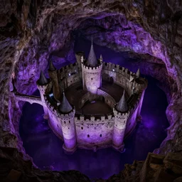 a circular limestone castle inside an underground dark cavern filled with purple glowing liquid metal, castle is connected to the cavern walls by a wide bridge, aerial view,