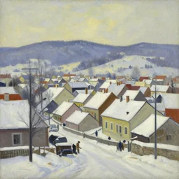 an edward hopper style painting of a ( ( ( ( ( ( ( ( small town csorna ) ) ) ) ) ) ) ) in hungary, winter of 1 9 5 5
