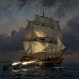 an extremely detailed masterpiece of the sailing vessel bonhomme richard at sail with canons discharging in early evening, in the style of george philip reinagle, epic scene, extremely moody lighting, glowing light and shadow, atmospheric, shadowy, cinematic, 4 k