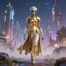 an alien wearing a long flowing cloth shirt over stylish large golden plate armor walking to a tall alien city!! in the background, night sky with stars, light fog, beautiful colorful, cg render, highly detailed, trending on artstation