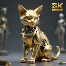 gold and silver tones, cool cybernetic cat, style of moebius, james jean, rutkowski, cinematic, high detail, award winning, 8 k photorealistic