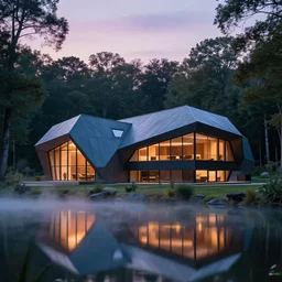 faceted roof planes lift and descend creating shade and architectural expression, house, highly detailed, situated in the forest, next to a highly reflective lake, at dusk, vivid color, 4 k photography, mist, architecture luxury