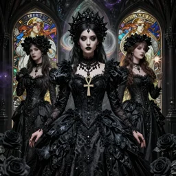 a stunning gothic princess portrait by tom bagshaw, alphonse mucha, donata giancola, mary jane ansell, wearing an ornate raven dress, ankh necklace, intricate adornments, black magic, black roses, gothic, dark academia, atmosphere, realism, octane render, dof, whirling nebulas, hyperdetailed, 8 k,
