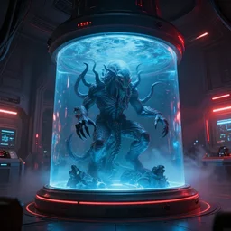 off angle view of cthulhu lovecraft alien monster trapped inside a large transparent science fiction mass effect glass containment chamber filled with blue liquid in a furnished science fiction spaceship laboratory, dramatic lighting, octane, red led lights, lens flare, trending on artstation, mist, volumetric lighting