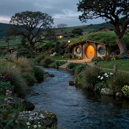 Hobbiton by the river at the countryside in the evening, highly detailed matte painting, Alan Lee, Artstation,