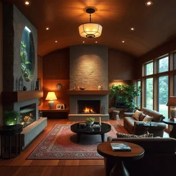 a interior design of a home by frank lloyd wright, living room, fish tank, cozy
