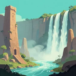 ancient structures and waterfalls, retrowave epic art, trending on art station