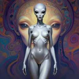 wide angle full body portrait of an alien female with black eyes, silvery skin, a perfect face and perfect body, thin waist, mouth half open, smooth hips, intricate, single face, psychedelic background, highly detailed, digital painting, artstation, concept art, smooth, sharp focus, illustration, Unreal Engine 5, 8K, art by artgerm and greg rutkowski and alphonse mucha