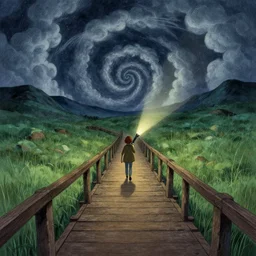 walking on an old wood bridge, nightly, spiral, naive nerikomi, weird perspective, extra narrow, detailed illustration, lit by flashlight, scenic spiral environment by rhads from lorax movie, trending artstation, true color, grass field mountainous terrain, spiral clouds