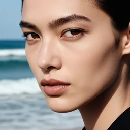 close up of face of a fashion model at the ocean, waves, editorial by annie leibovitz, highly detailed