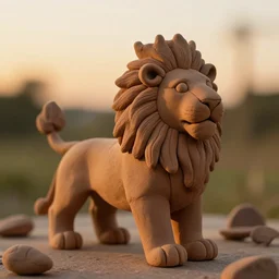 a still scene from king lion made of clay, macro, sunset light