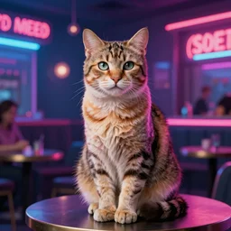 portrait of a cat sitting in a neon ballroom by syd mead and john harris