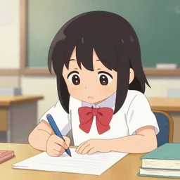 cute anime elementary school girl doing homework, illustration, famous artist, trending