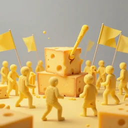 beings made out of cheese rioting, revolution, riot, yellow flags, by cedric peyravernay, by simon stalenhag, cinematic, dramatic lighting, excellent composition, trending on artstation