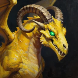 yellow dragon, oil painting by seb mckinnon, mtg, hearthstone, side - view, dragon skull with ram horns and glowing green eyes, stark shadows