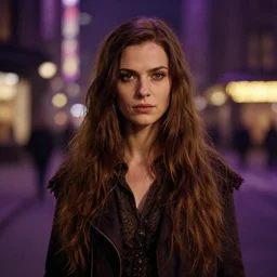 long brown haired mage close up, f 2. 8, bokeh,, gentle, old clothing, female, street, night, city landscape, blade runner 2 0 4 9, roger deakins, d & d, fantasy, purple and gold color palette, artstation, matte, sharp focus, greg rutkowski and alphonse mucha