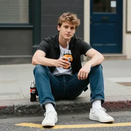 hugh hopper holding an orange and a diet pepsi sitting on a street corner