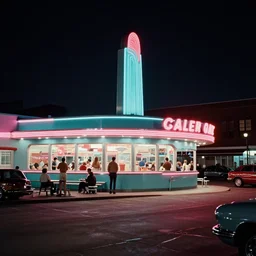 color street view in america of market district at night, diner, from 1 9 7 3, retro futurism on film