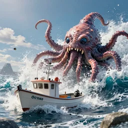 a ((small fishing boat)) is attacked by a huge tentacled monster, crashing waves, trending on artstation, rendered in octane, global illumination