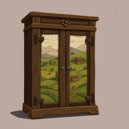 a heavy well made wood cupboard with intricate illustration of medieval countryside on the panels, prop concept, digital art, rpg illustration, trending on artstation