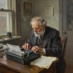 a disheveled old disbarred lawyer boarded up in his messy rundown house, isolated alone on a typewriter feverishly typing out paranoid rants in the 1 9 8 0 s, detailed artstation marc simonetti ilya nazarov oil on canvas shimmer