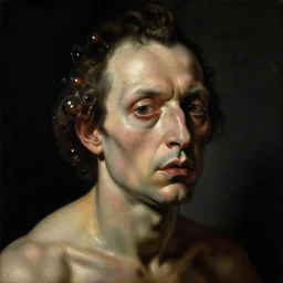 refined gorgeous blended oil painting with black background by christian rex van minnen rachel ruysch dali todd schorr of a chiaroscuro portrait of an extremely bizarre disturbing mutated man with shiny skin acne bulbous tumors chrome reflections dutch golden age vanitas intense chiaroscuro cast shadows obscuring features dramatic lighting perfect composition masterpiece