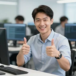 a photo of a sys admin smiling and doing a double thumb up to the camera in front of burning servers, he's happy despite having servers in flames behind him, fire in the background