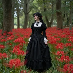 black haired girl in victorian clothing surrounded in a forest full of red spider lily flowers on a semi-cloudy day, 4k detailed