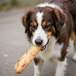 san bernardo dog eating a baguette, photography