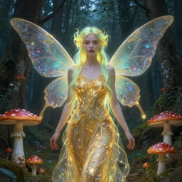 stunningly beautiful female faerie priestess in amanita muscaria forest landscape, symmetrical wings on back, neon hair, fantasy art, wearing a dress of gossamer gold, inner glow, dark light night, sharp focus, digital painting, 4 k, concept art, by alphonse mucha, brom, face by otto schmidt,