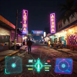 night time scene with la terminal market in guatemala at night time with bright colorful neon advertising and graffiti all over the place with cyberpunk aesthetic and visually like gta v with neon hud with game of the year edition graphics with bloom and lightshaft, with first person view