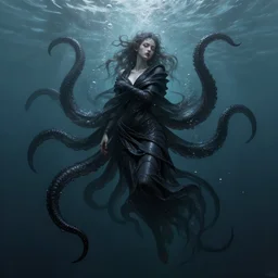 hyper realist matte digital painting of a beautiful pale human, wrapped in black tentacles, wet fabric, floating in water, bubbles rising, full body, fantasy art, photo realistic, dynamic lighting, artstation, volumetric lighting, by charlie bowater, by karol bak