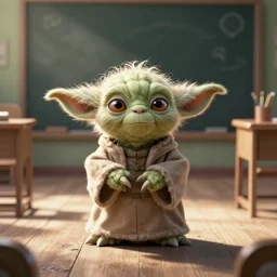 a picture of Yoda’s first day of kindergarten. Yoda looking up towards the camera.