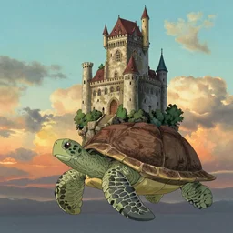 an island with a giant castle on top of a giant turtle, sunset, drawn by hayao miyazaki, studio ghibli film, hi res, high detail, 4k