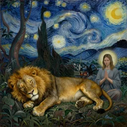 a lion sleeping in the jungle by leonardo davinci and monet, trending on artstationhd, highly detailed, starry night background, beautiful painting, prayers, meditation, halos