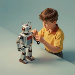 a boy fixing his robot, isometric, volumetric lighting, vintage 1 9 5 0 photorealistic by michael komarck, greg rutkowski, victo ngai, artgerm, norman rockwell, edward hopper